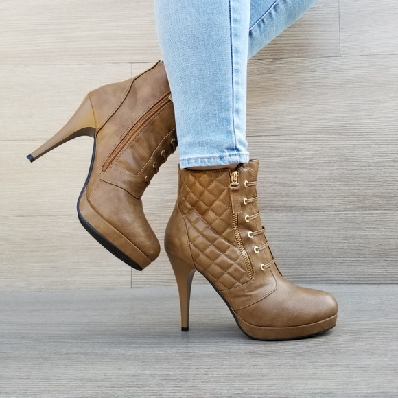 Khaki Platform High Heel Boots Light Fur inside - Picture 7 of 8